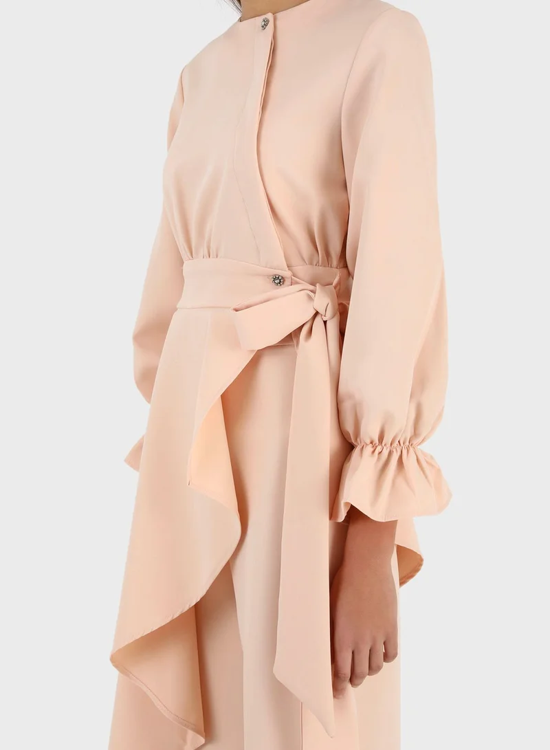 Refka by modanisa Belted Ruffle Sleeve Blazer & Pants Set
