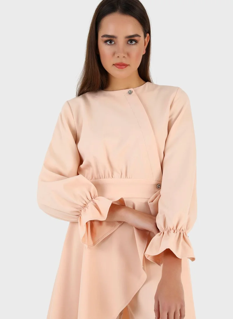 Refka by modanisa Belted Ruffle Sleeve Blazer & Pants Set