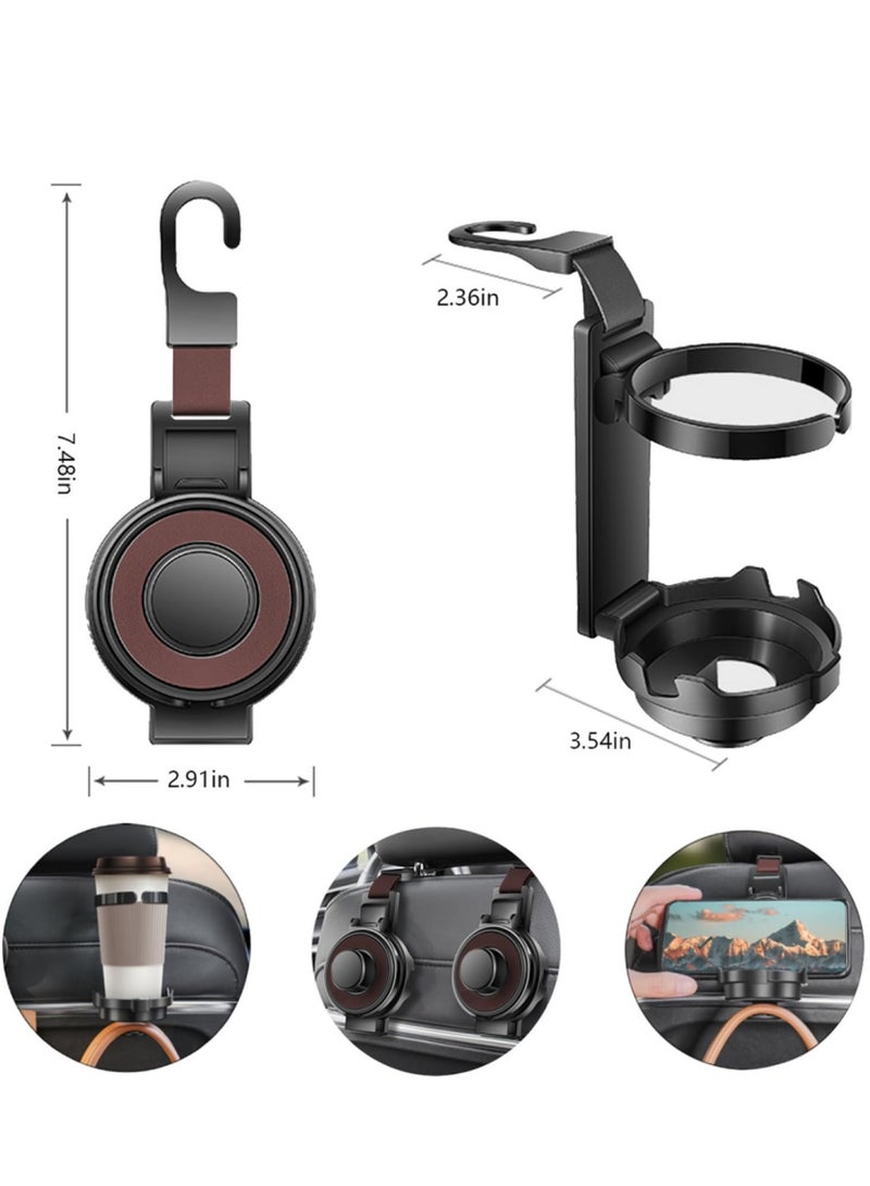 Excefore Car Seat Headrest Hook, 3 in 1 Car Purse Hook with Phone Holder and Car Cup Holder for Car Seat Organizer Behind Over The Seat Hook Hang Purse or Bags,Cups and Phone, Brown, 1 Pcs  - Image 2