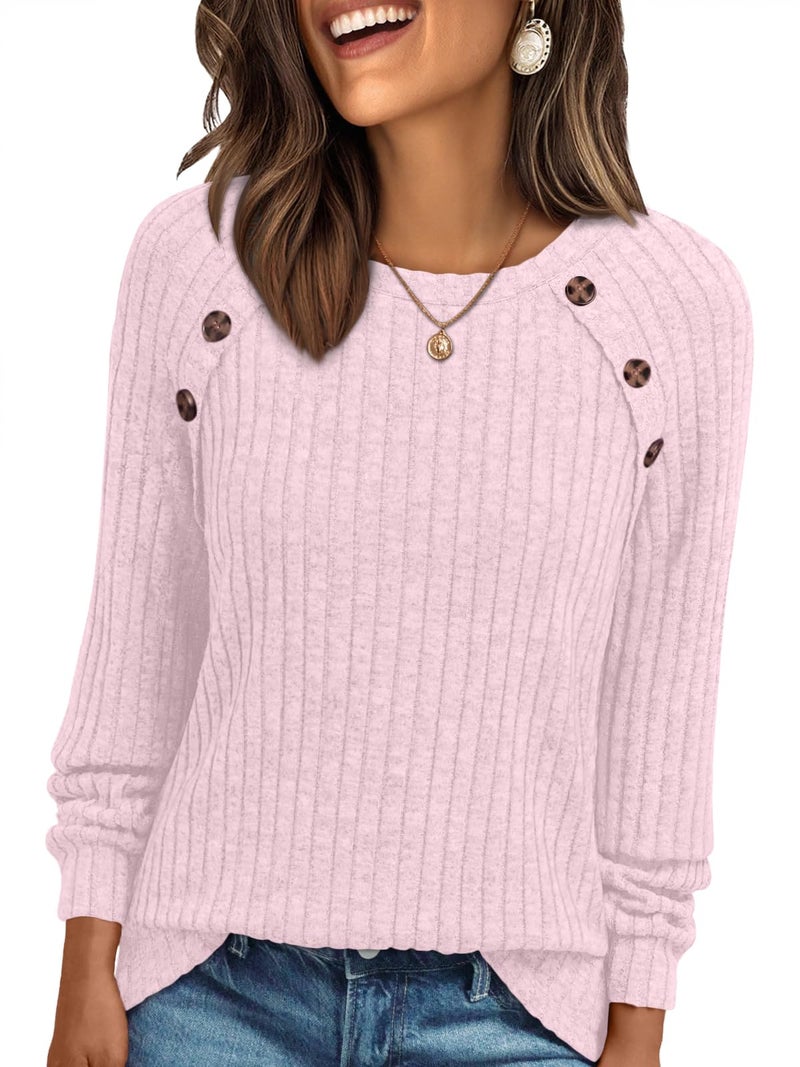 AUTOMET Womens Long Sleeve T Shirts Casual Tunic Work Tops Spring Plus Size Pink Sweaters Date Night Outfit 2026 Dressy Blouse Pink S - Image 1