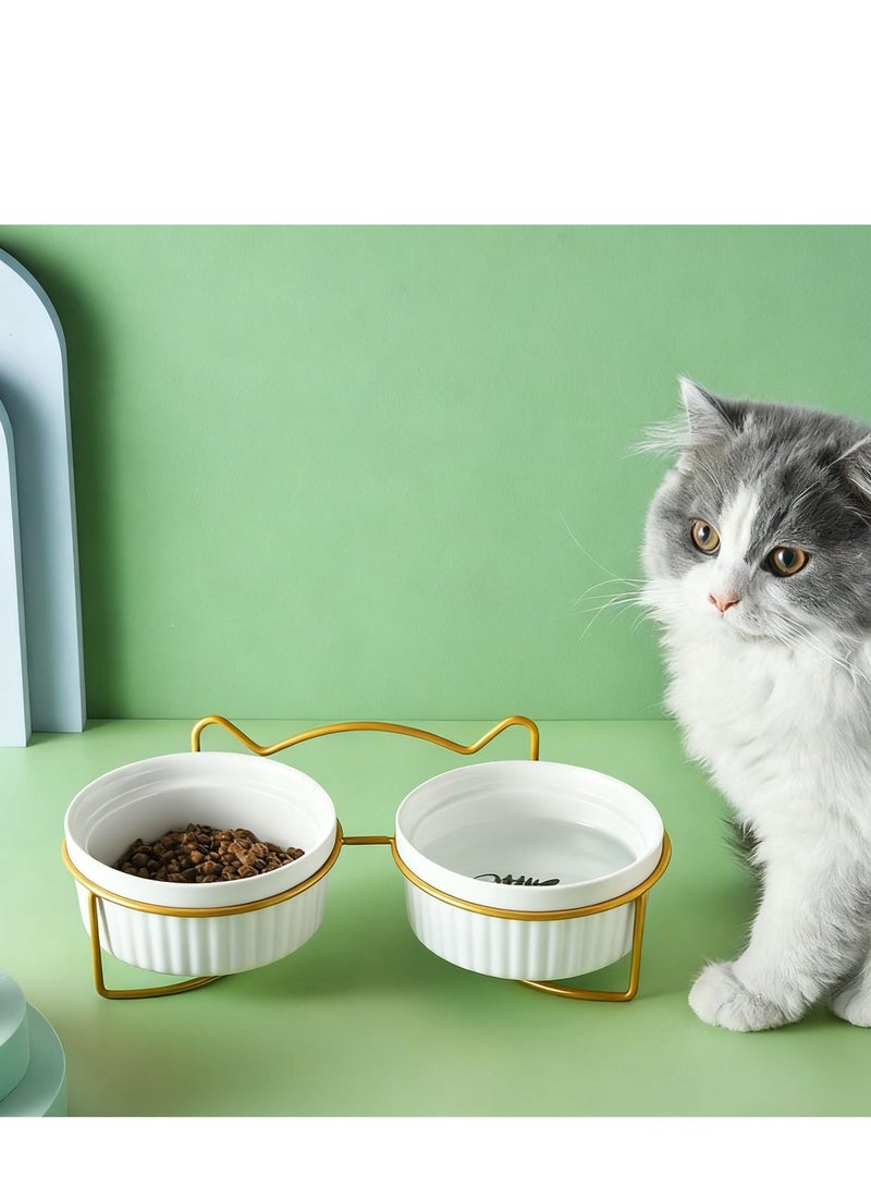 Oldzhan kitten, baby cat, cat bowl, iron frame ceramic double bowl, diagonal mouth pet bowl, protective neck, striped cat food bowl, cat food bowl, drinking bowl (set) - Image 1