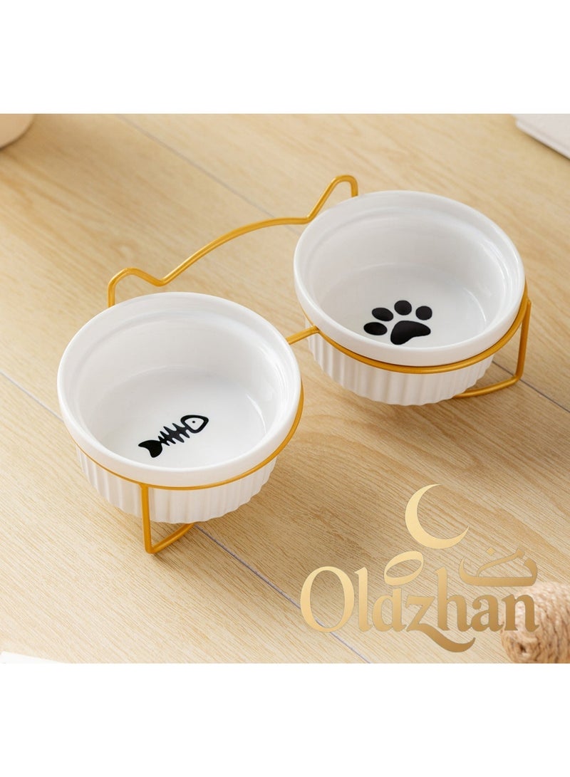 Oldzhan kitten, baby cat, cat bowl, iron frame ceramic double bowl, diagonal mouth pet bowl, protective neck, striped cat food bowl, cat food bowl, drinking bowl (set) - Image 2