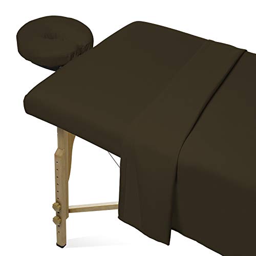 Saloniture 3-Piece Microfiber Massage Table Sheet Set - Premium Facial Bed Cover - Includes Flat and Fitted Sheets with Face Cradle Cover - Chocolate Brown - Image 1