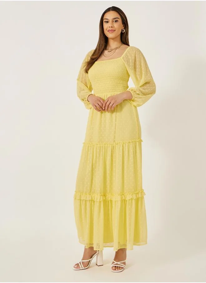 ستايلي Dobby Balloon Sleeves Tiered Maxi Dress with Smocked Detail