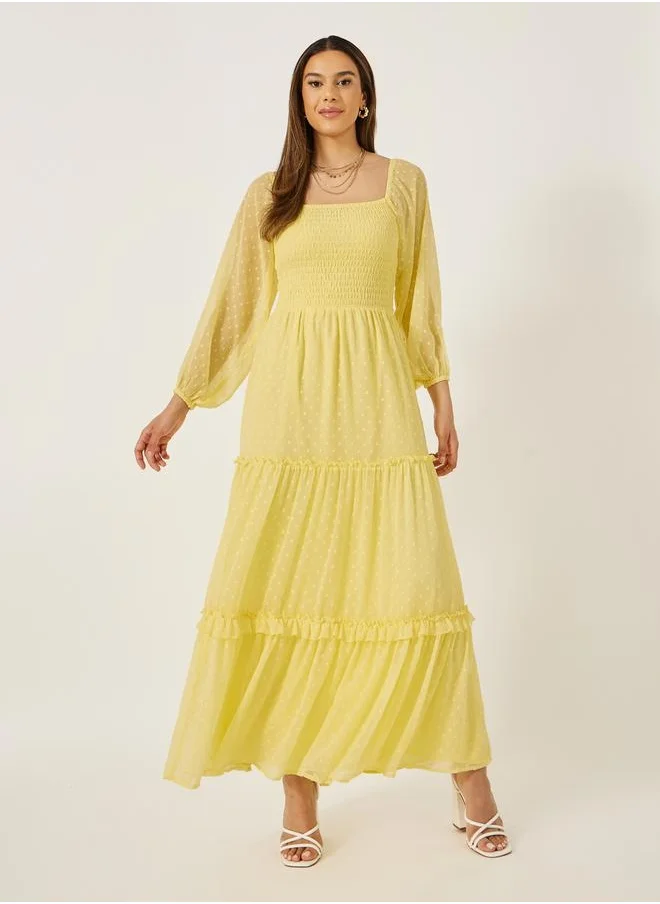 Styli Dobby Balloon Sleeves Tiered Maxi Dress with Smocked Detail