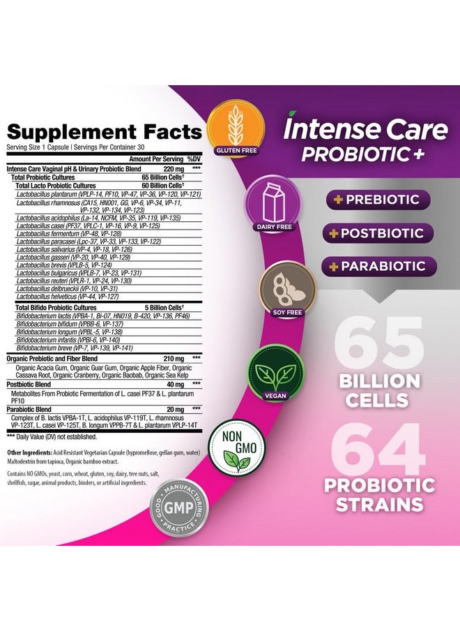 Vital Planet - Vital Planet - Intense Care Vaginal pH & Urinary Probiotics Plus Prebiotics, Postbiotics, Parabiotics, Complete 4-in-1 Supplement for Women, 65 Billion and 64 Strains, Digestive and Immune, 30 ct - Image 1