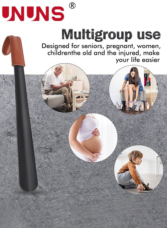 UNUNS لبوق الحذاء مقبض طويل لكبار السن، قرن حذاء طويل معدني للأحذية ذات الرقبة الطويلة، قرن حذاء بطول 42 سم مع مقبض جلدي لقرن حذاء طويل للغاية للرجال والنساء والأطفال - Image 3