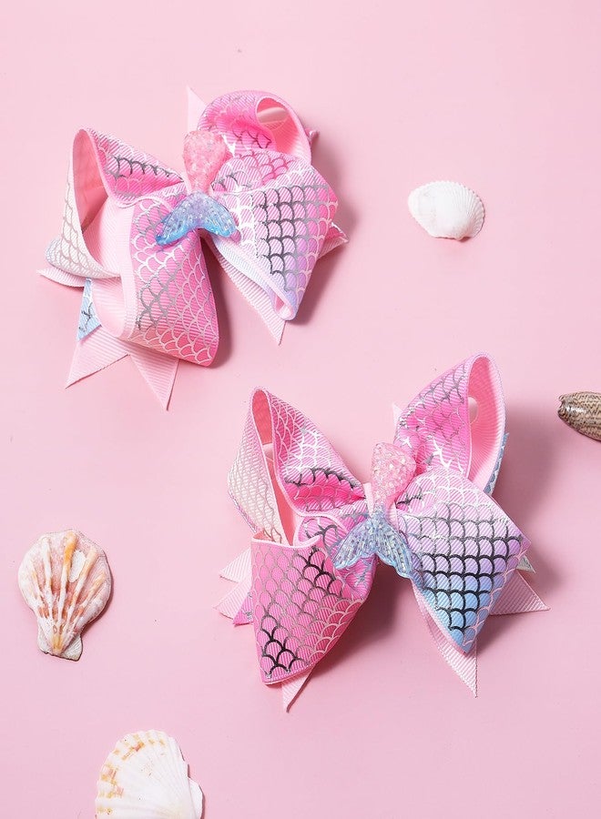 KCHIES 2pcs Glitter Mermaid Hair Bow Clips Girls 4.7" Mermaid Scales Ribbon Alligator Hairpins Barrettes Birthday Gift for Kids Toddlers Teens Summer Beach Dress outfits Decor Accessories - Image 2