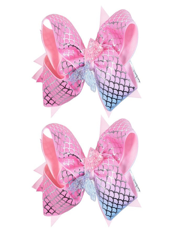 KCHIES 2pcs Glitter Mermaid Hair Bow Clips Girls 4.7" Mermaid Scales Ribbon Alligator Hairpins Barrettes Birthday Gift for Kids Toddlers Teens Summer Beach Dress outfits Decor Accessories - Image 1