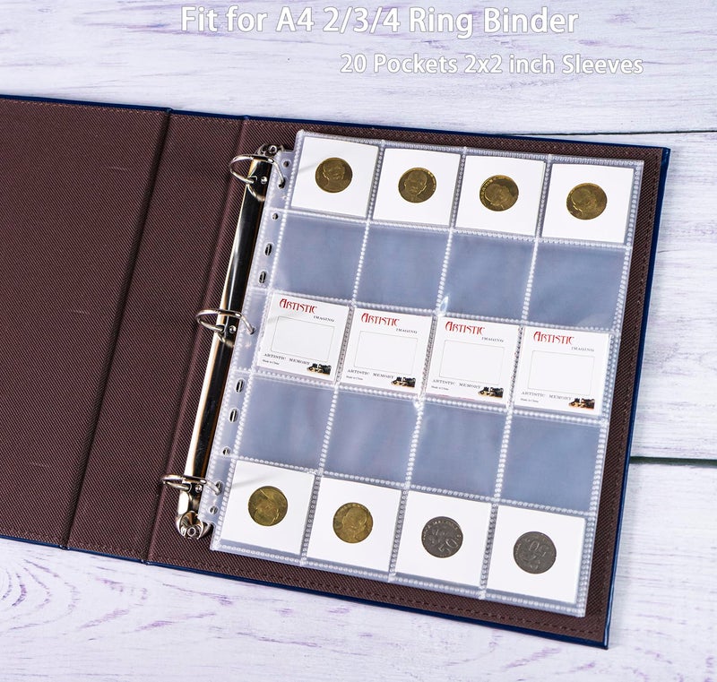 BYSTER 30 Pack 600 Pockets 2x2â€ Coin Flip Sleeves, Heavy Duty Stamp Collection Pages for 3 Ring Binder, 20 Pocket Photo Slide Flips Organizer Sheet, Top Loading Clear Cardboard Coin Holder Sleeves - Image 4