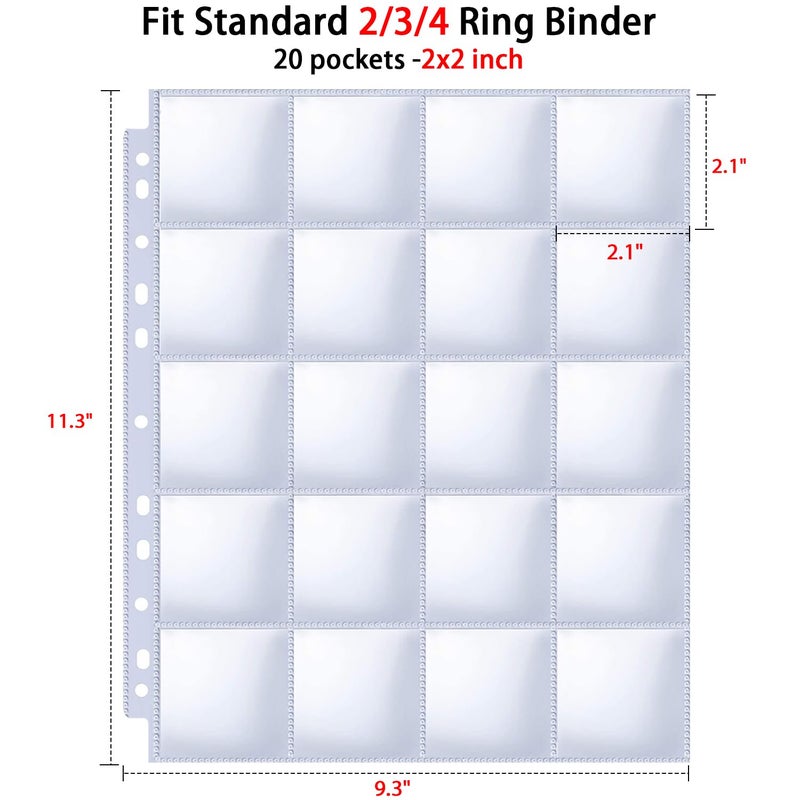 BYSTER 30 Pack 600 Pockets 2x2â€ Coin Flip Sleeves, Heavy Duty Stamp Collection Pages for 3 Ring Binder, 20 Pocket Photo Slide Flips Organizer Sheet, Top Loading Clear Cardboard Coin Holder Sleeves - Image 5