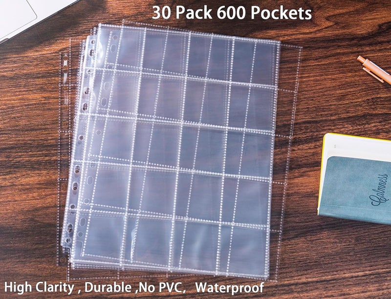 BYSTER 30 Pack 600 Pockets 2x2â€ Coin Flip Sleeves, Heavy Duty Stamp Collection Pages for 3 Ring Binder, 20 Pocket Photo Slide Flips Organizer Sheet, Top Loading Clear Cardboard Coin Holder Sleeves - Image 2