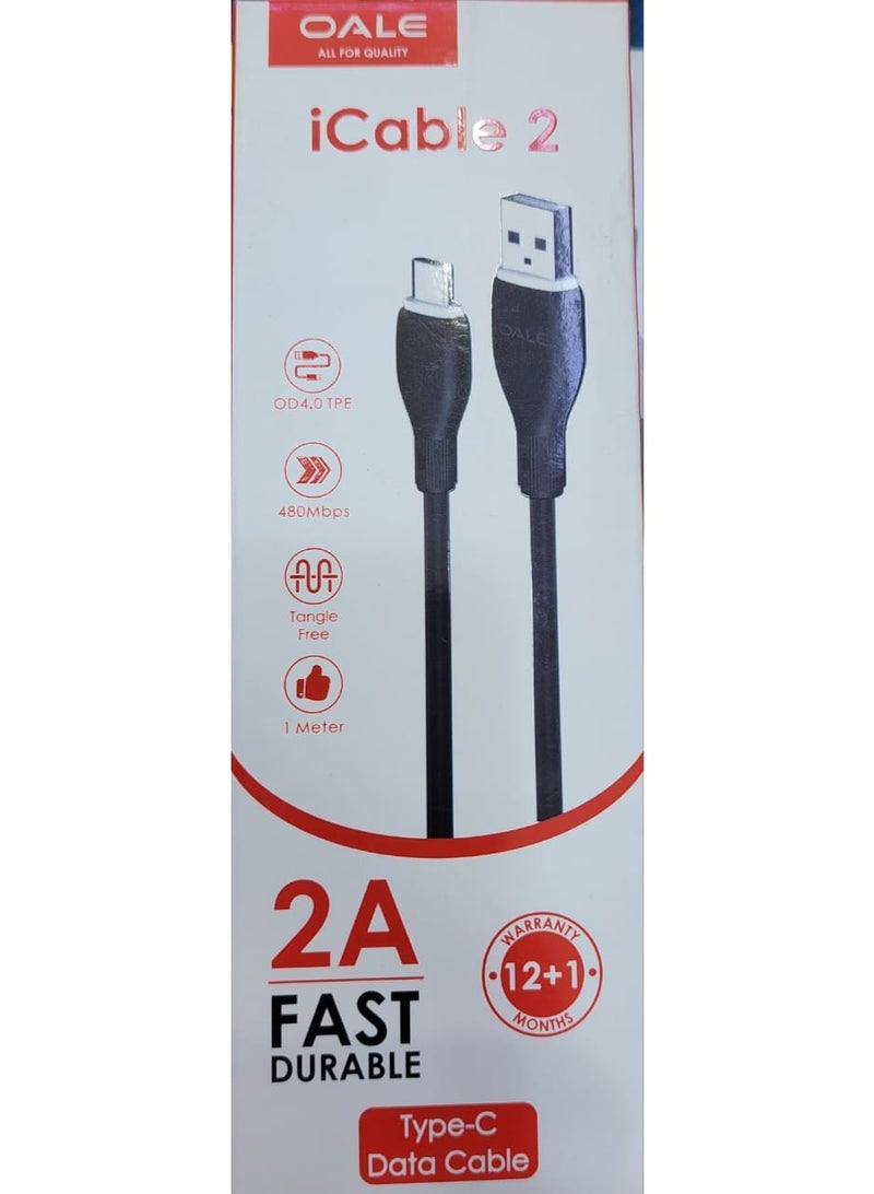 كابل بيانات OALE iCable 2 Type-C للشحن السريع - كابل USB متين بقوة 2 أمبير، بطول متر واحد، سرعة 480 ميجابت في الثانية، تصميم خالٍ من التشابك