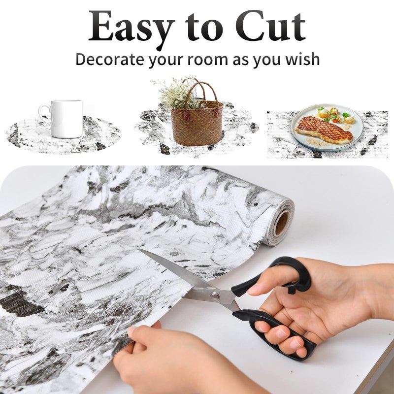 Kimhan Drawer and Shelf Liner for Kitchen Cabinet: 12 in X 20 Ft Non Slip Waterproof Shelf Paper Non Adhesive Refrigerator Liners Grey and White Marble Easy Liners for Bathroom with Knife Tape Measure - Image 4
