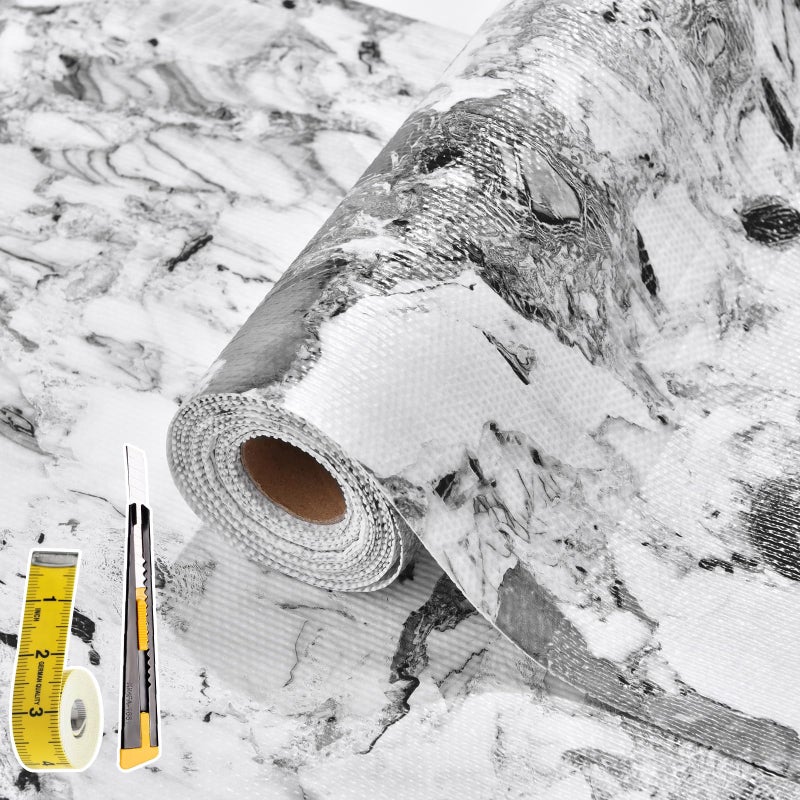 Kimhan Drawer and Shelf Liner for Kitchen Cabinet: 12 in X 20 Ft Non Slip Waterproof Shelf Paper Non Adhesive Refrigerator Liners Grey and White Marble Easy Liners for Bathroom with Knife Tape Measure - Image 1