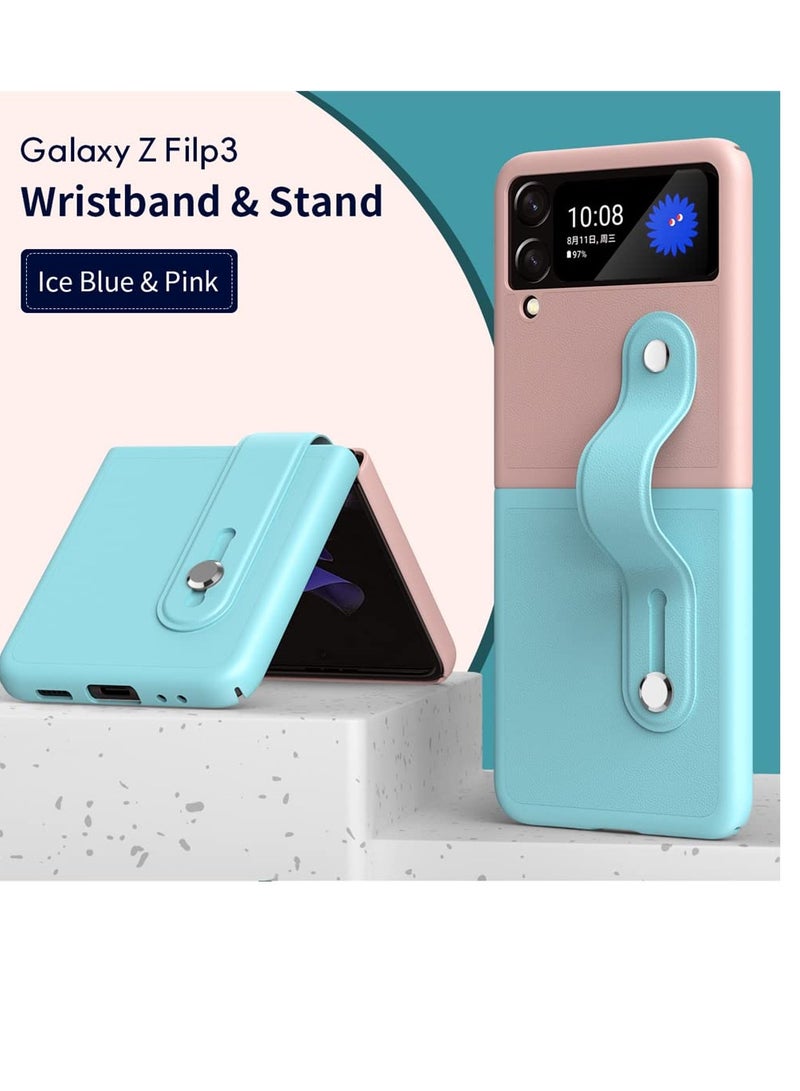 Excefore Mobile Phone Protective Case, KASTWAVE for Z Flip 3 5G 2021 with Hand Strap Cover PU Leather Compatible with Fit for Samsung Galaxy Z Flip 3 5G Case Wristband Plastic PC (Pink Blue) - Image 5