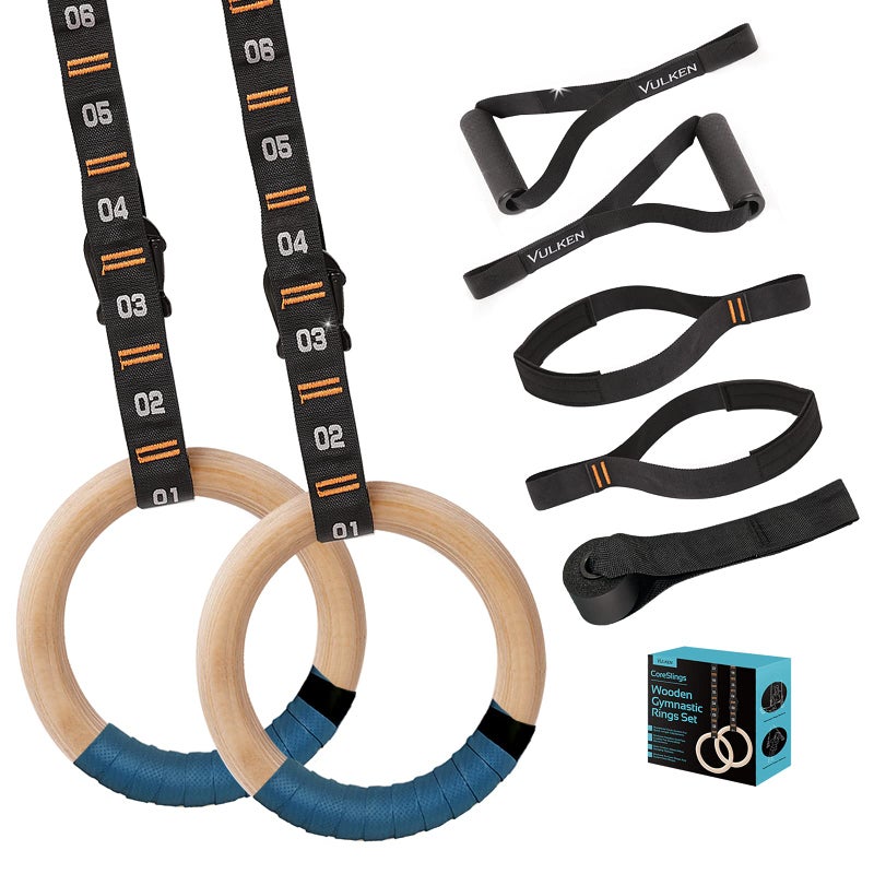 Vulken Wooden Gymnastic Rings With Adjustable Numbered Straps. 1.25'' Olympic Rings For Core Workout  Crossfit  Bodyweight Training. Home Gym Rings With 8.5Ft Exercise Straps And Workout Handles. Blue