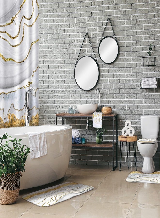 Honoson 8 Pcs Marble Shower Curtain Set with Rugs and Kitchen Towels Marble Farmhouse Shower Curtain Bathroom Set for Farmhouse Country Summer Halloween Housewarming Gifts Decor - Image 4