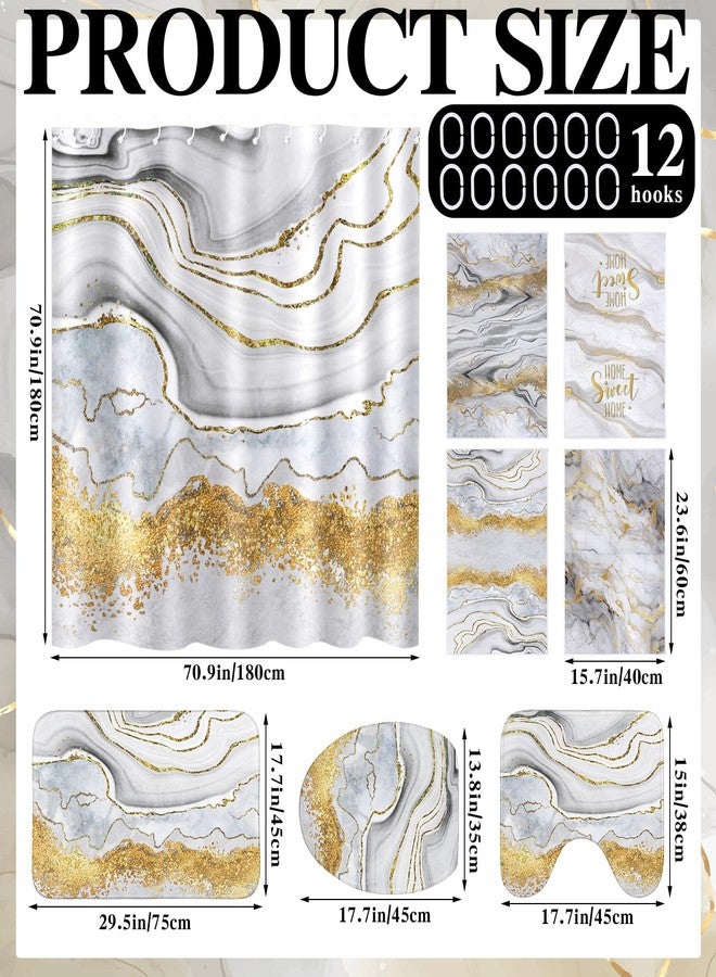 Honoson 8 Pcs Marble Shower Curtain Set with Rugs and Kitchen Towels Marble Farmhouse Shower Curtain Bathroom Set for Farmhouse Country Summer Halloween Housewarming Gifts Decor - Image 3