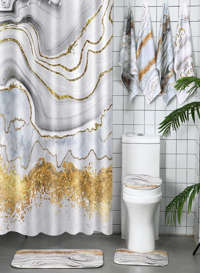 Honoson 8 Pcs Marble Shower Curtain Set with Rugs and Kitchen Towels Marble Farmhouse Shower Curtain Bathroom Set for Farmhouse Country Summer Halloween Housewarming Gifts Decor - Image 1