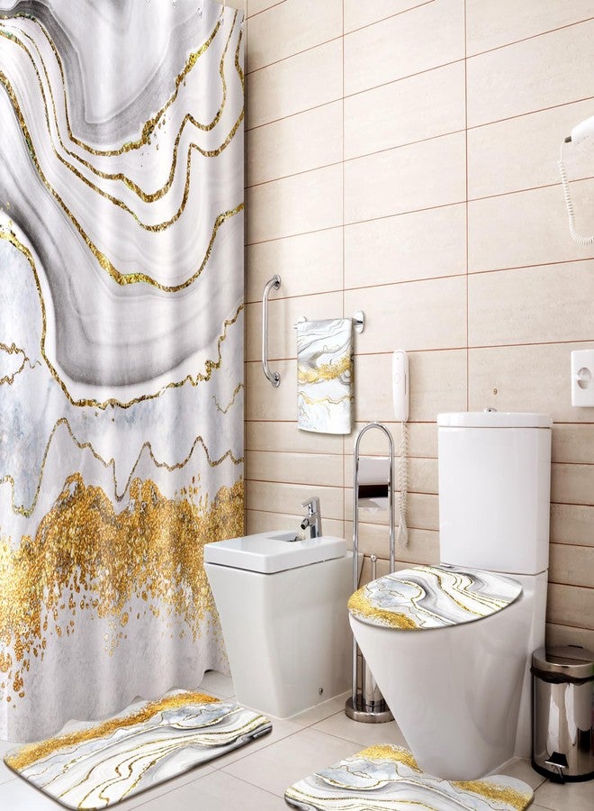 Honoson 8 Pcs Marble Shower Curtain Set with Rugs and Kitchen Towels Marble Farmhouse Shower Curtain Bathroom Set for Farmhouse Country Summer Halloween Housewarming Gifts Decor - Image 2