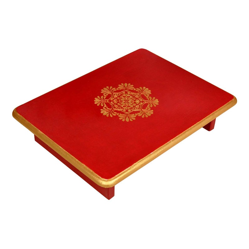 The Victory Decoration Wooden Decorative Red Color Navratry poojanDiwali PoojaX mas and All Indian Festivals Decorations Chowki Stool 16 X 12 X 4 Inches - Image 1