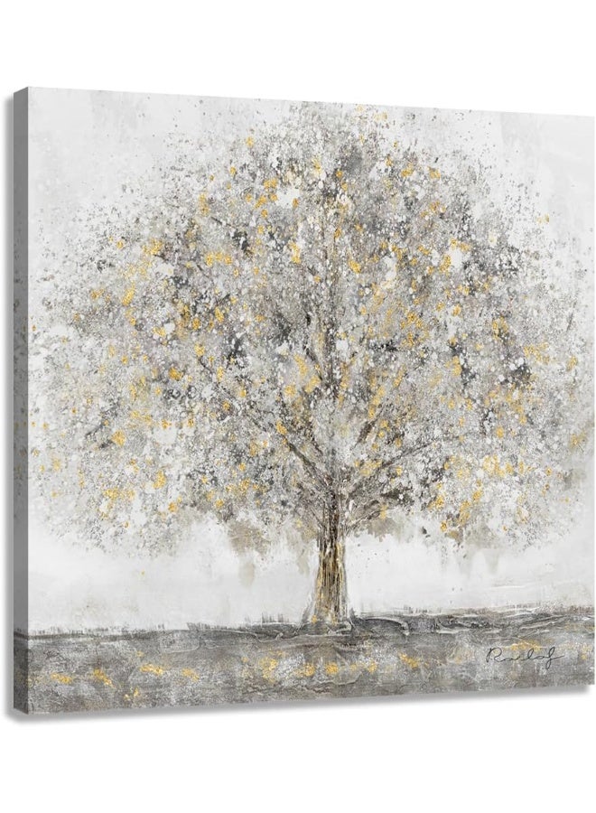 Woxfcart Abstract Tree Pictures Wall Art Gray Modern Artwork with Gold Decor Painting Prints on Canvas for Bathroom Bedroom Walls Decoration 12x12 - Image 1