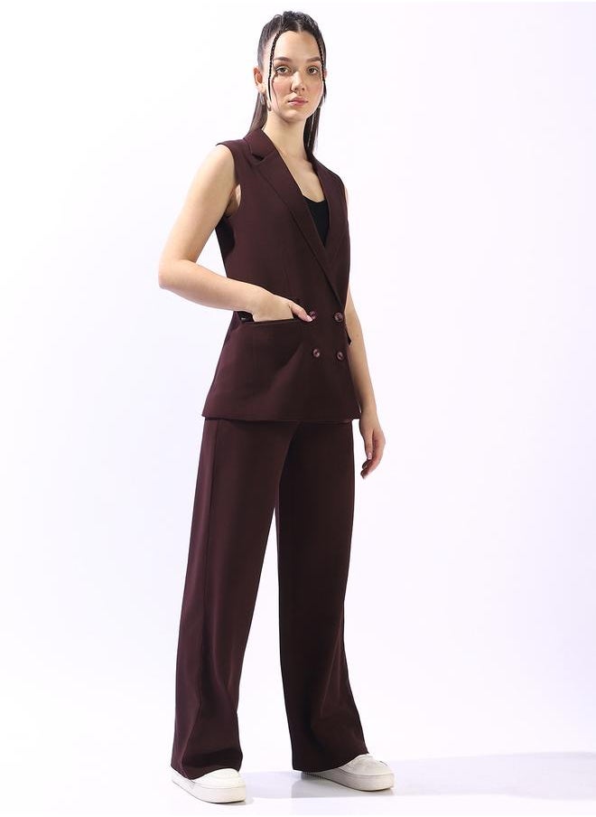 HIGH STAR Women's Brown Polyester Blend Solid Double-Breasted Button Down Vest Full Chinos Tailored Fit Co-Ords  - Image 3