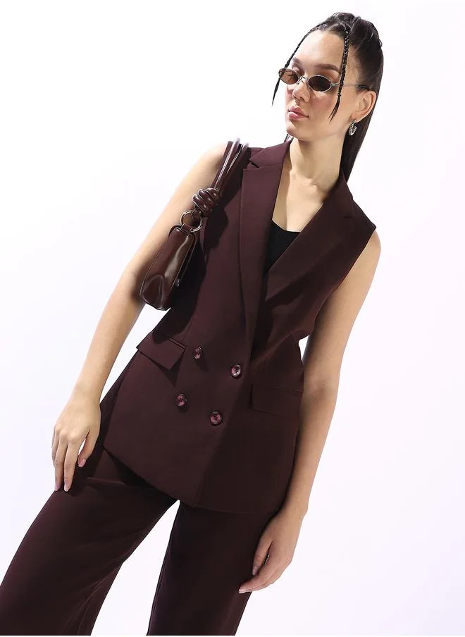 هاي ستار Women's Brown Polyester Blend Solid Double-Breasted Button Down Vest Full Chinos Tailored Fit Co-Ords