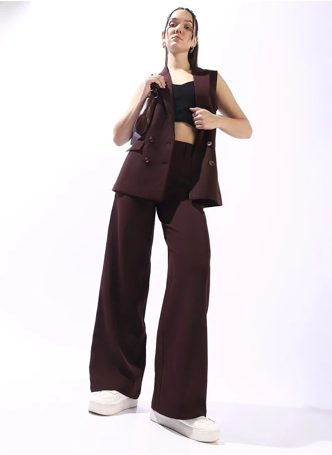 هاي ستار Women's Brown Polyester Blend Solid Double-Breasted Button Down Vest Full Chinos Tailored Fit Co-Ords