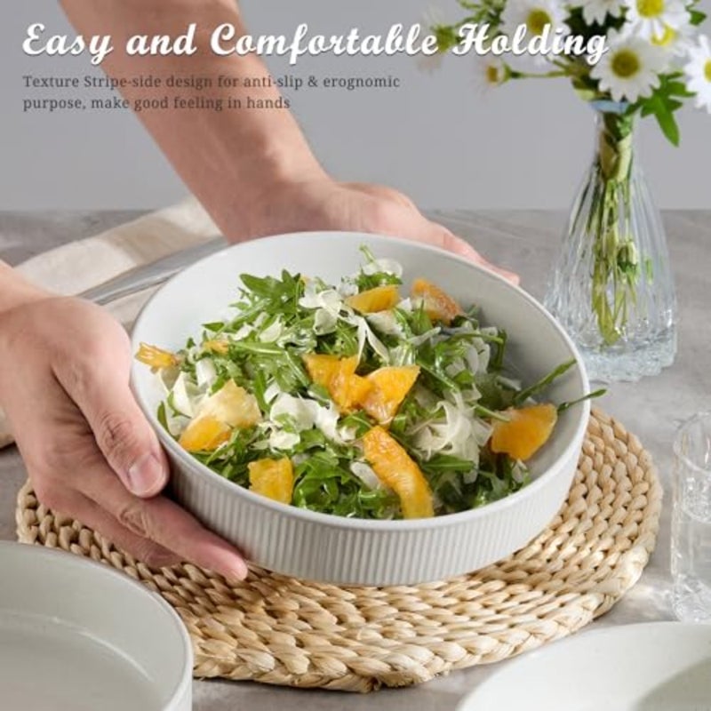 Pasta Bowls Set of 4, 35oz Large Salad Bowl Plate for Dinner Serving Soup, Wide and Shallow Ceramic Stoneware Pasta Plates, Microwave and Dishwasher Safe, Textured Stripes and, 8" - Image 3