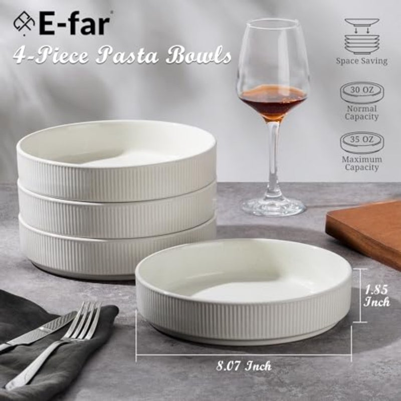 Pasta Bowls Set of 4, 35oz Large Salad Bowl Plate for Dinner Serving Soup, Wide and Shallow Ceramic Stoneware Pasta Plates, Microwave and Dishwasher Safe, Textured Stripes and, 8" - Image 2