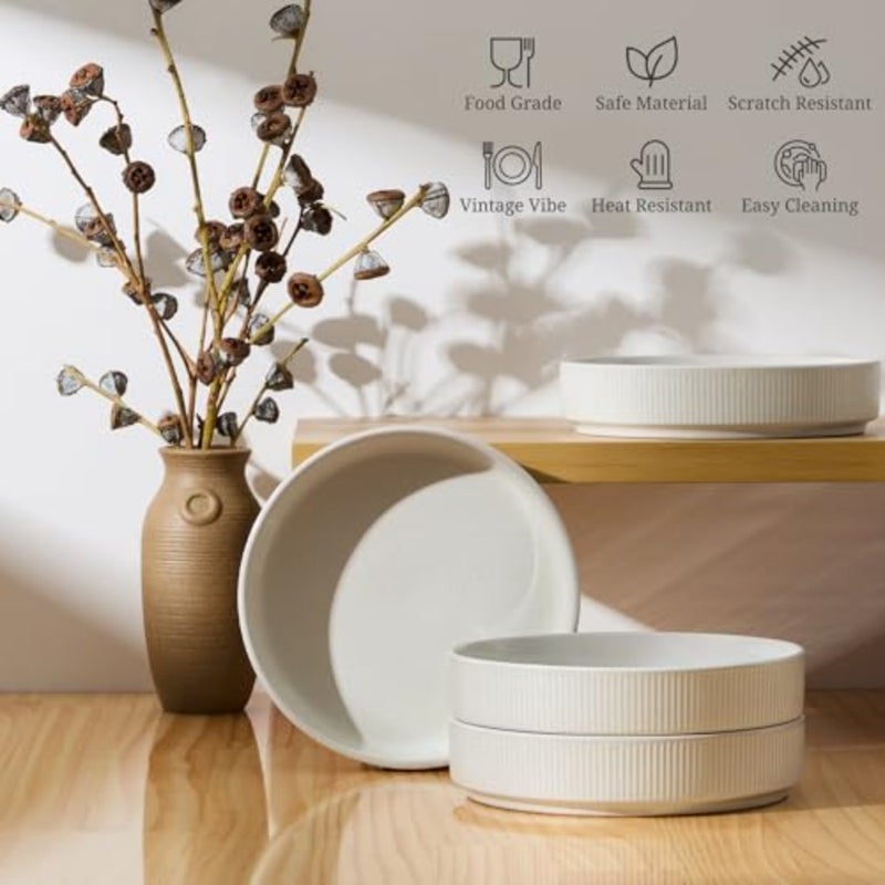 Pasta Bowls Set of 4, 35oz Large Salad Bowl Plate for Dinner Serving Soup, Wide and Shallow Ceramic Stoneware Pasta Plates, Microwave and Dishwasher Safe, Textured Stripes and, 8" - Image 5
