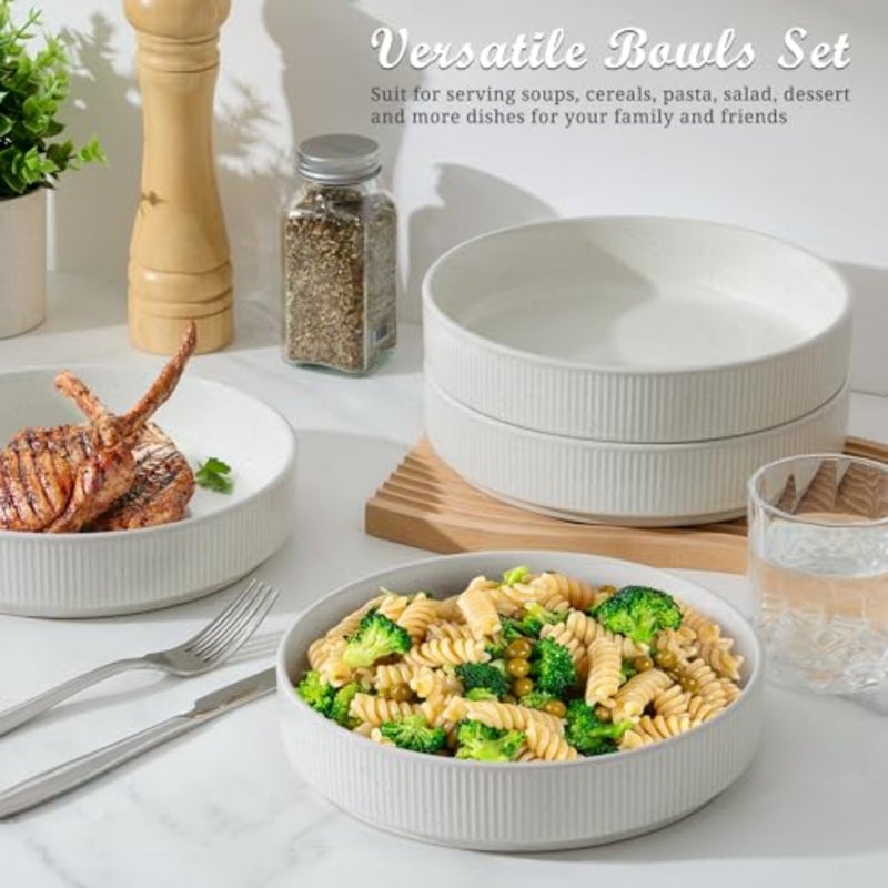 Pasta Bowls Set of 4, 35oz Large Salad Bowl Plate for Dinner Serving Soup, Wide and Shallow Ceramic Stoneware Pasta Plates, Microwave and Dishwasher Safe, Textured Stripes and, 8" - Image 4