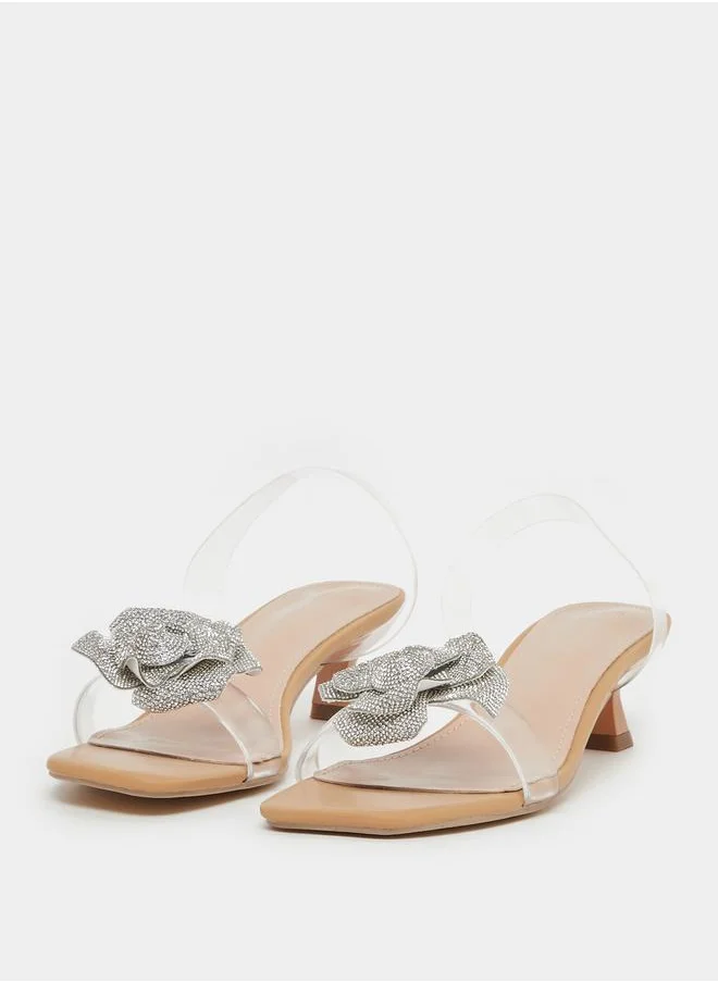ستايلي Metallic Flower Detail Transparent Strap Kitten Heel Sandals
