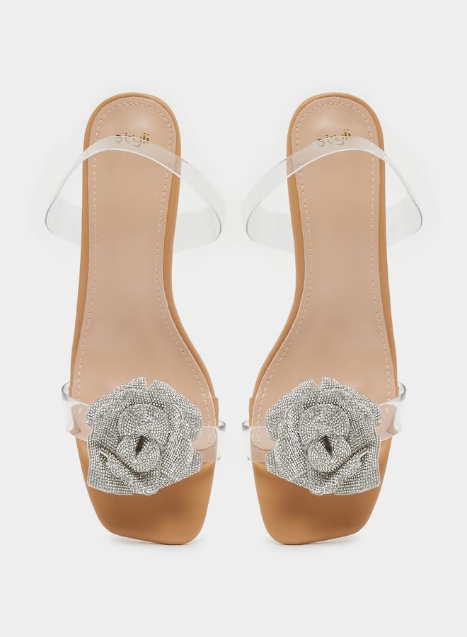 Styli Metallic Flower Detail Transparent Strap Kitten Heel Sandals  - Image 5