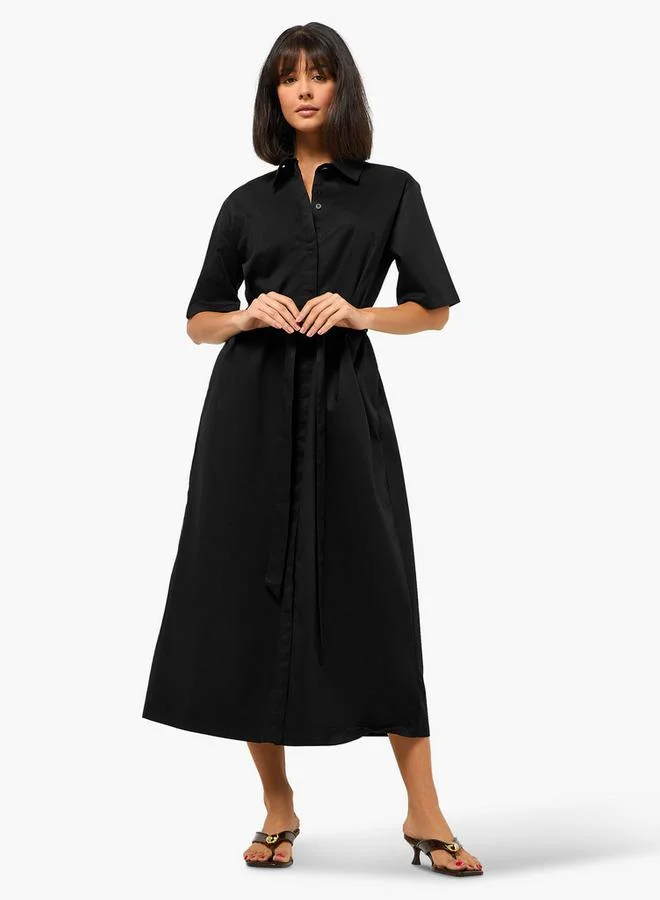 Splash FAV Lapel Collar Midi Cotton Shirt Dress with Tie Up Belt