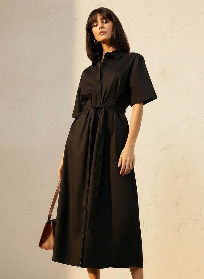 Splash FAV Lapel Collar Midi Cotton Shirt Dress with Tie Up Belt