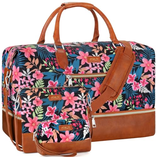 ITIEZY Weekender Bag for Women, Travel Duffel Bag Carry On Overnight Bag with Shoe Compartment Large Nylon Travel Tote Bag 21.5" with Toiletry Bag for Traveling Business Weekend Trip Gift 3Pcs Set, 9-Black - Image 1