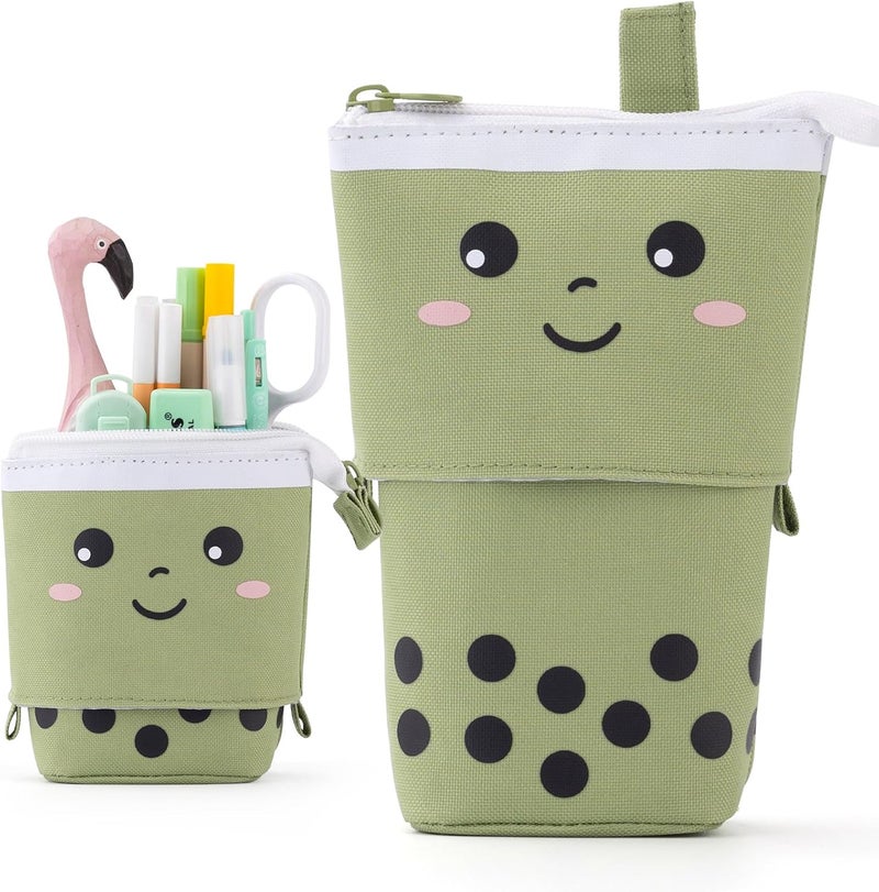 ANGOOBABY Standing Pencil Case Cute Telescopic Pen Holder Kawaii Stationery Pouch Makeup Cosmetics Bag for School Students Office Women Teens Girls Boys Christmas Gift (Green) - Image 1