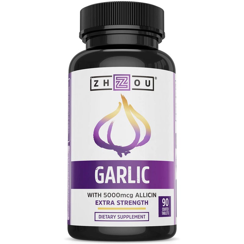 Zhou Garlic with Allicin Garlic Supplements Odorless Garlic Extract Pills for Men Women 5000 mcg Allicin Per Tablet for Immune Heart Health 90 Coated Tablets Pack of 1