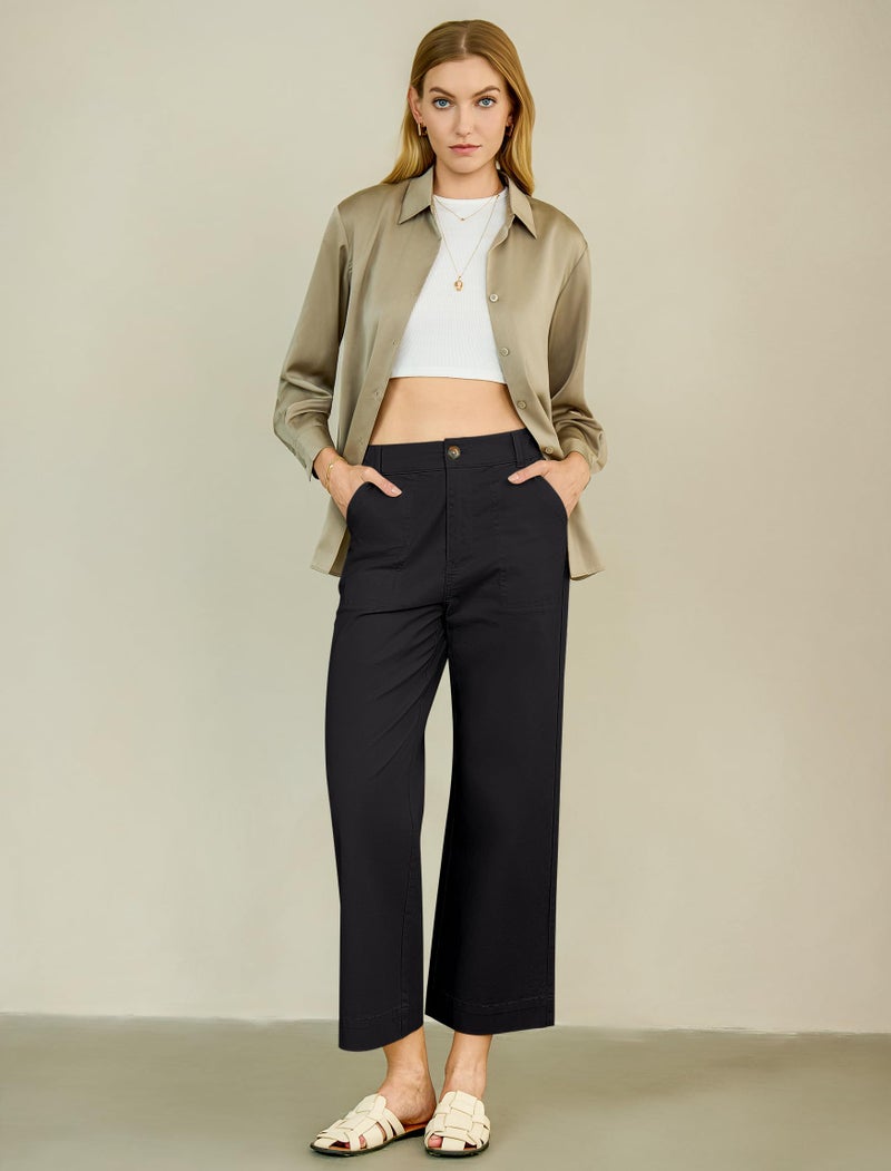Eddoyee Womens Wide Leg Ankle Pants, High Waisted Straight Leg Stretch Casual Elastic Waist Cropped Pants Black - Image 3