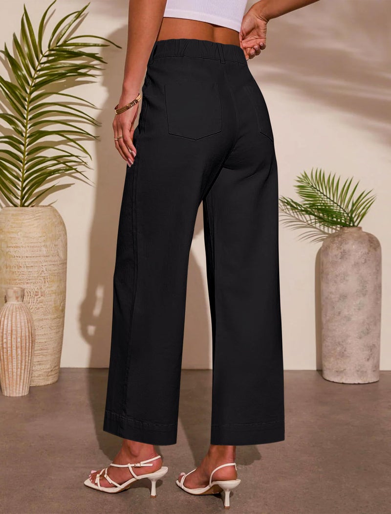 Eddoyee Womens Wide Leg Ankle Pants, High Waisted Straight Leg Stretch Casual Elastic Waist Cropped Pants Black - Image 2