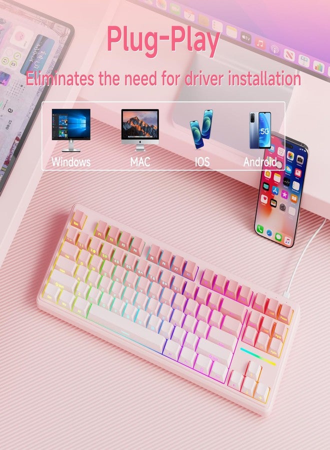Eweadn لوحة مفاتيح الألعاب السلكية EWEADN V80 TKL RGB، تصميم مضغوط بنسبة 80% مع مفاتيح PBT، مفتاح غشاء هادئ للغاية، 26 مفتاح مضاد للتداخل، لوحة مفاتيح مريحة لألعاب الكمبيوتر المحمول - وردي متدرج - Image 3