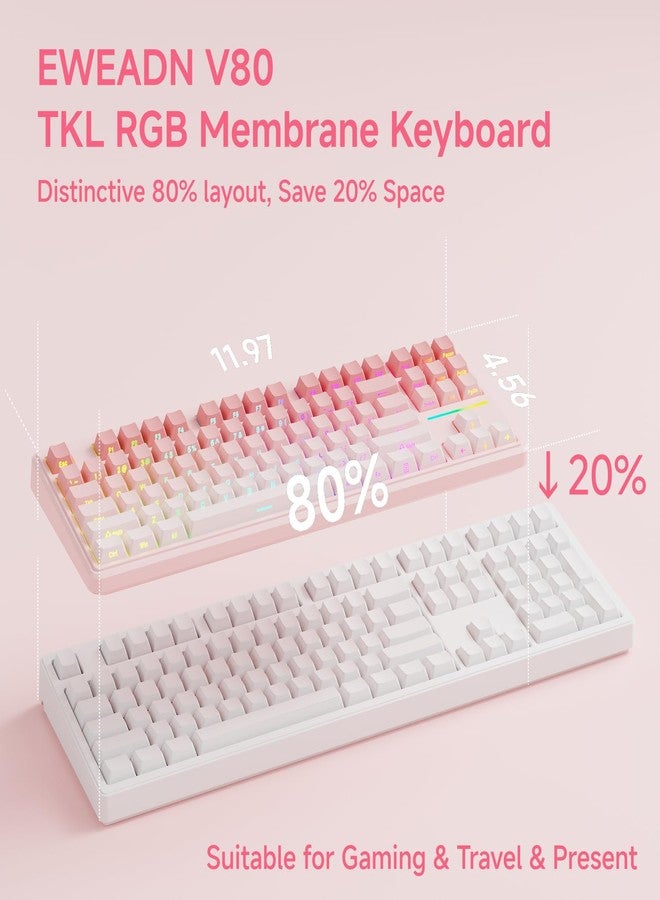 Eweadn لوحة مفاتيح الألعاب السلكية EWEADN V80 TKL RGB، تصميم مضغوط بنسبة 80% مع مفاتيح PBT، مفتاح غشاء هادئ للغاية، 26 مفتاح مضاد للتداخل، لوحة مفاتيح مريحة لألعاب الكمبيوتر المحمول - وردي متدرج - Image 5