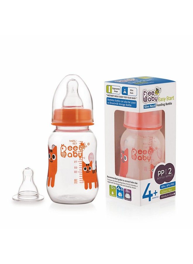 Beebaby Easystart Slim Neck Baby Feeding Bottle With 4 Anticolic Gentle Touch Silicone Nipples For New Born Infant Babies 100% Bpa Free. (125 Ml Orange 1) - Image 1