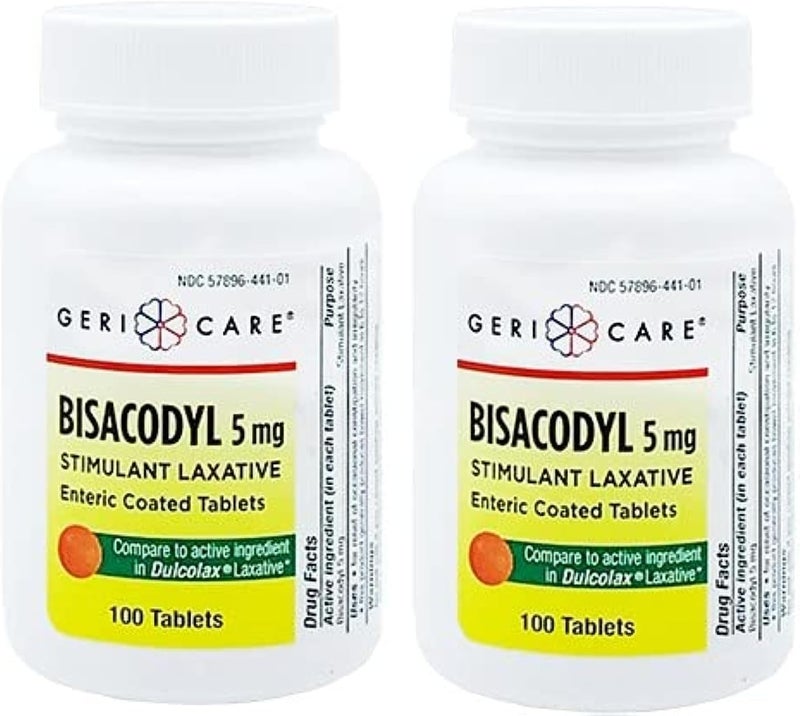 GeriCare GeriCare Bisacodyl 5 mg Laxative Coated Tablet | Generic for Dulcolax | Stimulant Laxative | Gentle Overnight Constipation Relief 100 Count (Pack of 2)
