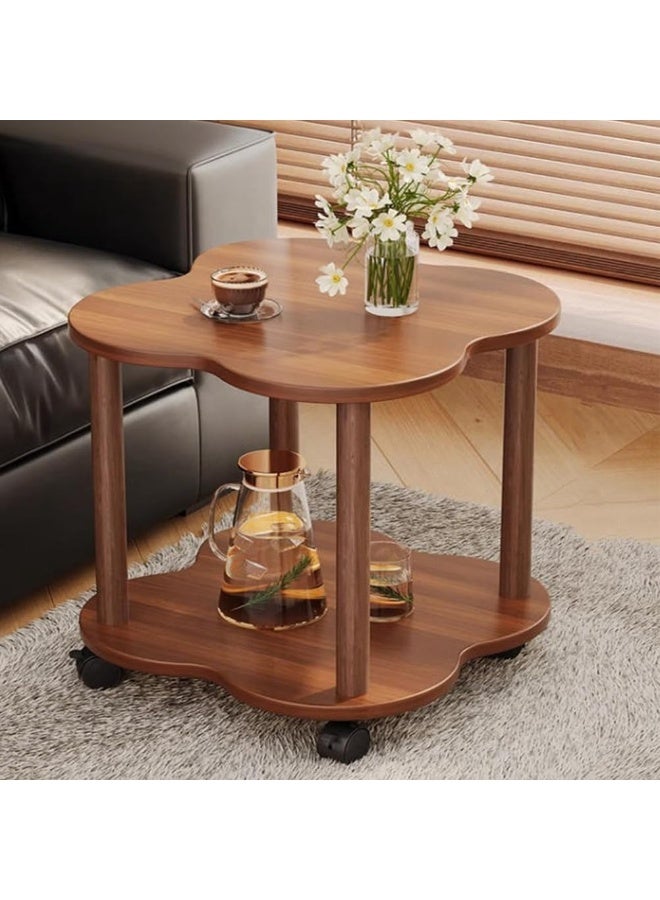 Bukela Flower Shape Side Table for Sofa, Modern Living Room Accent Table with Open Shelf, Small End Table with 2 Lockable Wheels, 2-Tier Bedside Table for Living Room Bedroom,Walnut,60x60x48cm - Image 1