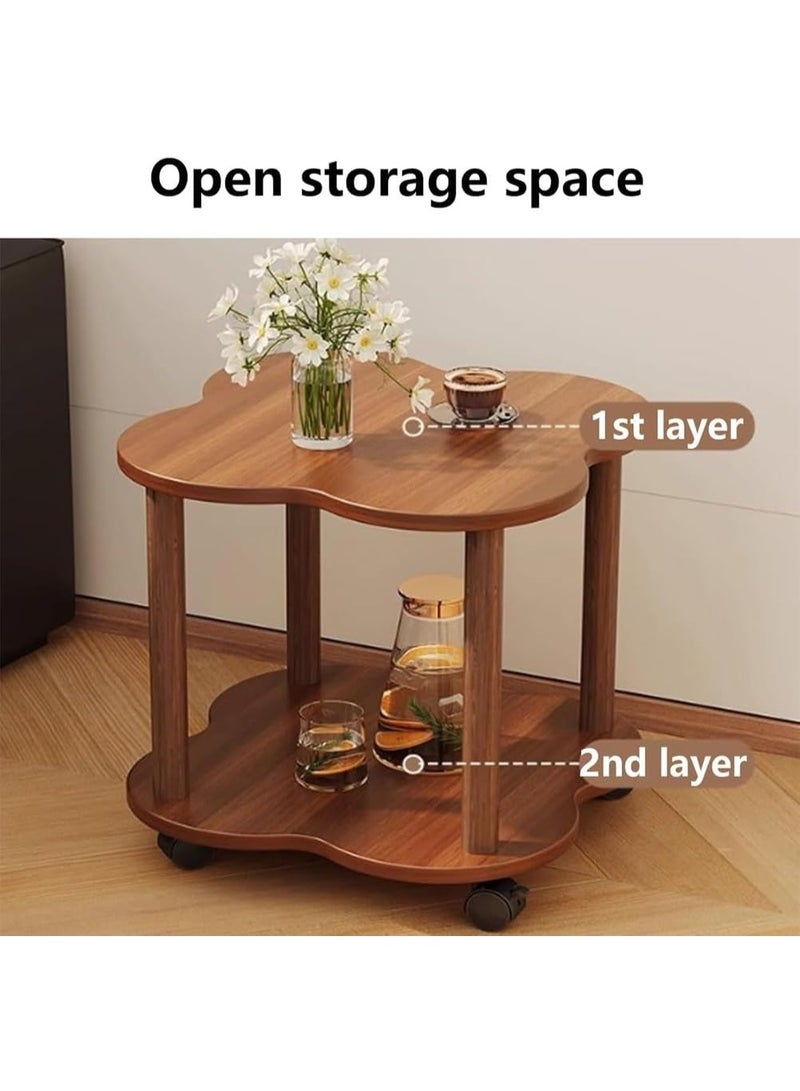 Bukela Flower Shape Side Table for Sofa, Modern Living Room Accent Table with Open Shelf, Small End Table with 2 Lockable Wheels, 2-Tier Bedside Table for Living Room Bedroom,Walnut,60x60x48cm - Image 3