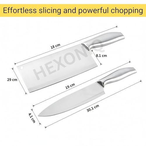 HEXONIQ® Kitchen Knife Set, 12" Chef & 11.2" Cleaver High Carbon Stainless Steel Ultra Sharp Cooking Knife with Ergonomic Non-Slip Handle, Rustproof, Scratch Resistant, Silver, Pack of 2 - Image 4